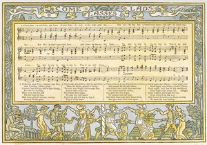 &39;Come Lasses und Lads, saia de seus pais, vá para o pólo de maio, ilustração de músicas de&39; Pan-Pipes &39;, Um livro de canções antigas, recém-arranjado e com acompanhamentos de Theo. Marzials, publicado em de Walter Crane